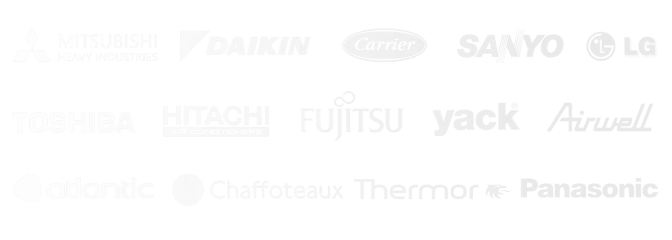 Marques partenaires PAC et climatisation : Mitsubishi, Daikin, Carrier, Sanyo, LG, Toshiba, Hitachi, Fujitsu, Yack, Airwell, Atlantic, Chaffoteaux, Thermor, Panasonic